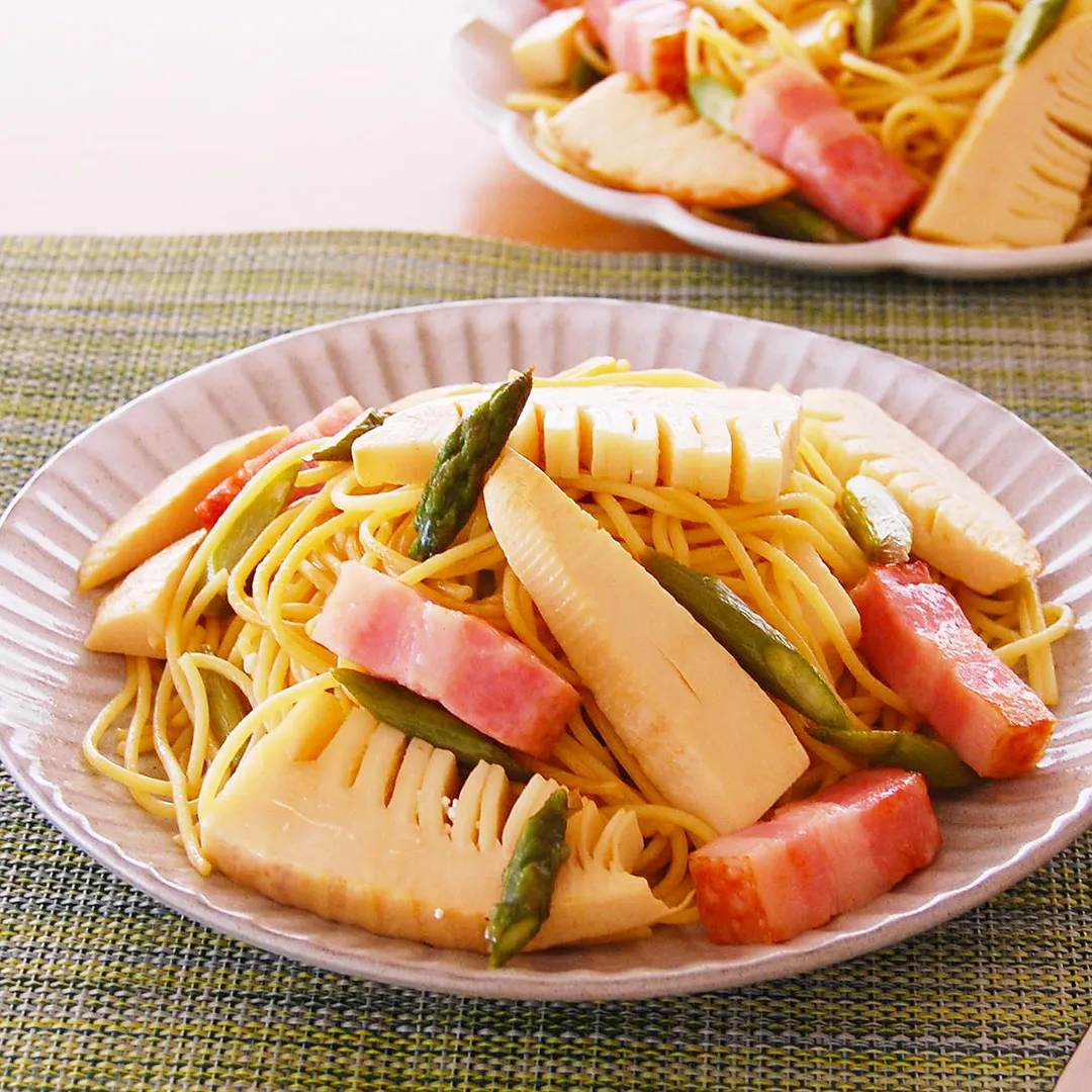 竹の子とアスパラベーコンの和風パスタ
